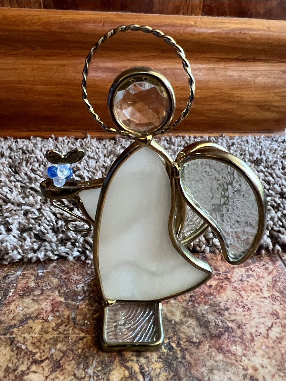 Handcrafted White Stained Glass Angel Figurine with Gold Trim